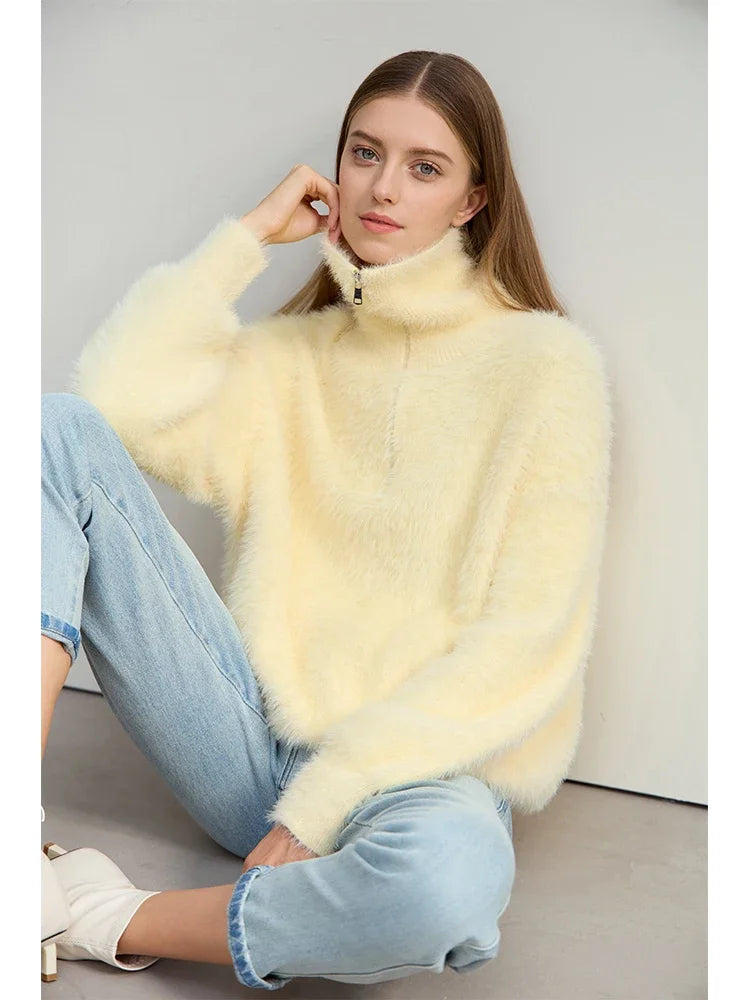 Amii 2024 Winter Women's Clothing Turtleneck Zipper Semi-open Imitation Mink Sweater Loose Shoulder Sleeve Pullovers 12444250