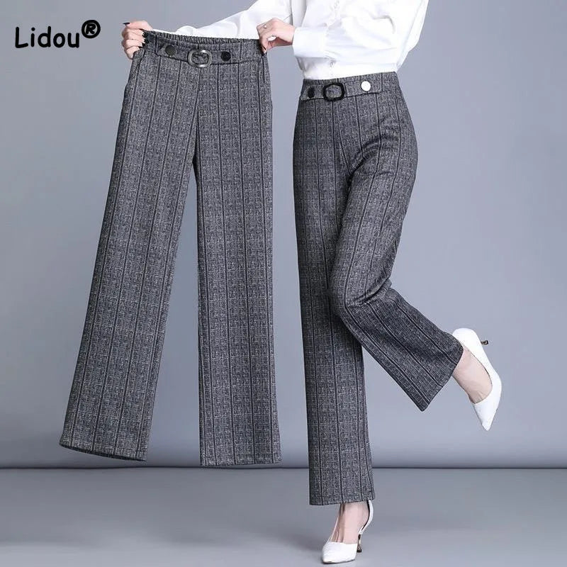 Commuter Elastic High Waist Straight Pants Office Lady Spring Autumn Fashion Elegant Spliced Striped Trousers Women's Clothing