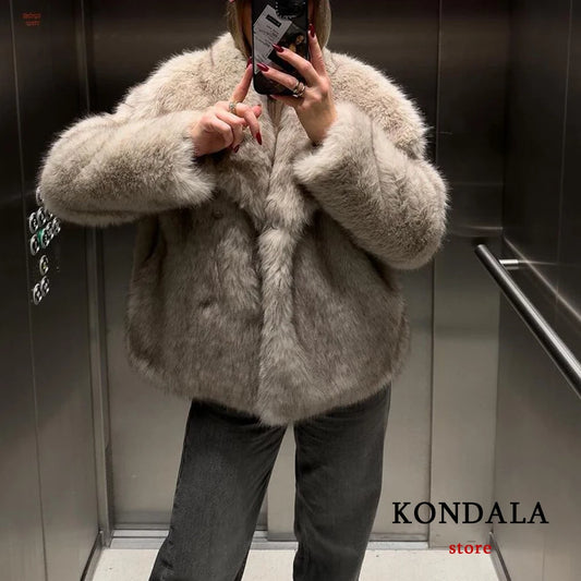 KONDALA Vintage Faux Fur Oversized Coats Women Fashion 2024 Spring Winter Thick Warm Jackets Casual Pockets Elegant Outwears